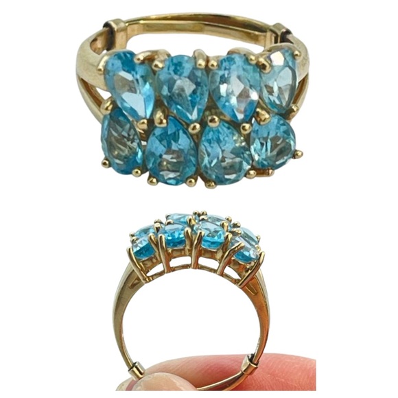 Clyde Duneier Jewelry - 10K CLYDE DUNEIER CID Blue Topaz Ring Gold TearDrop Faceted Cut Gemstones 2 Row